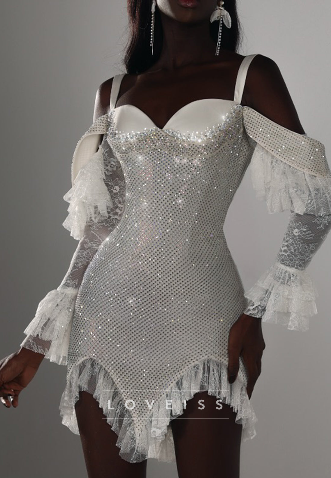 Rhinestone Corset Mini Dress with Ruffled Lace Sleeves