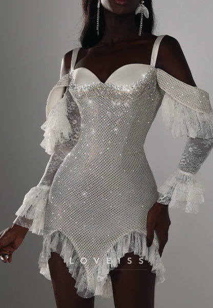 Rhinestone Corset Mini Dress with Ruffled Lace Sleeves