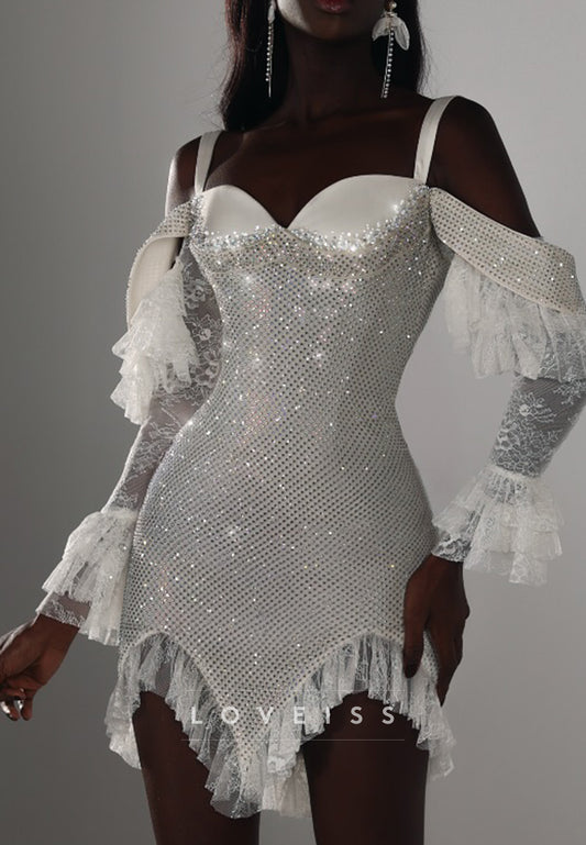 Rhinestone Corset Mini Dress with Ruffled Lace Sleeves