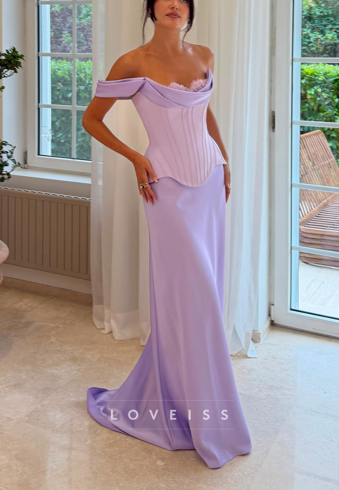 Off-the-Shoulder Corset Gown with Floral Trim