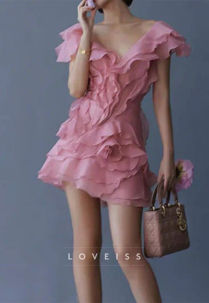 Ruffled V-Neck Mini Dress with 3D Flower Detail