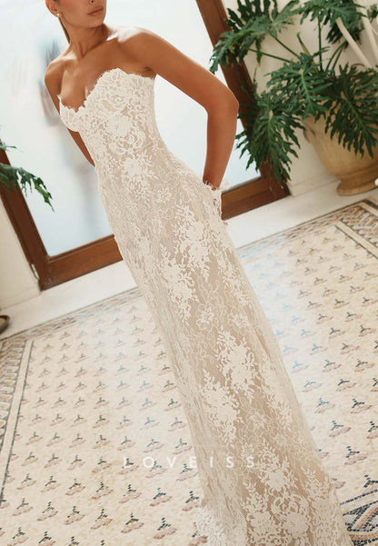 Strapless Lace Sheath Wedding Dress with Lace-Up Back