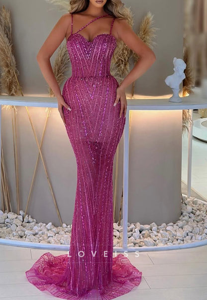 Sequin Mermaid Evening Gown with Asymmetrical Straps