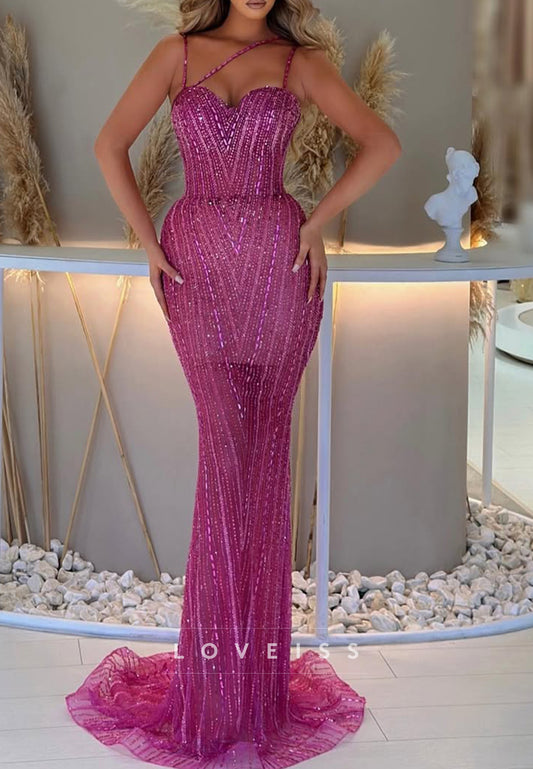 Sequin Mermaid Evening Gown with Asymmetrical Straps