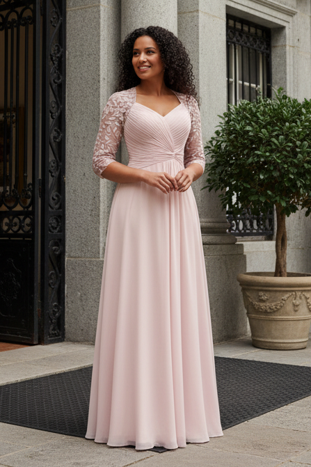 Ruched Chiffon A-Line Gown with 3/4 Lace Sleeves