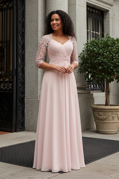 Ruched Chiffon A-Line Gown with 3/4 Lace Sleeves