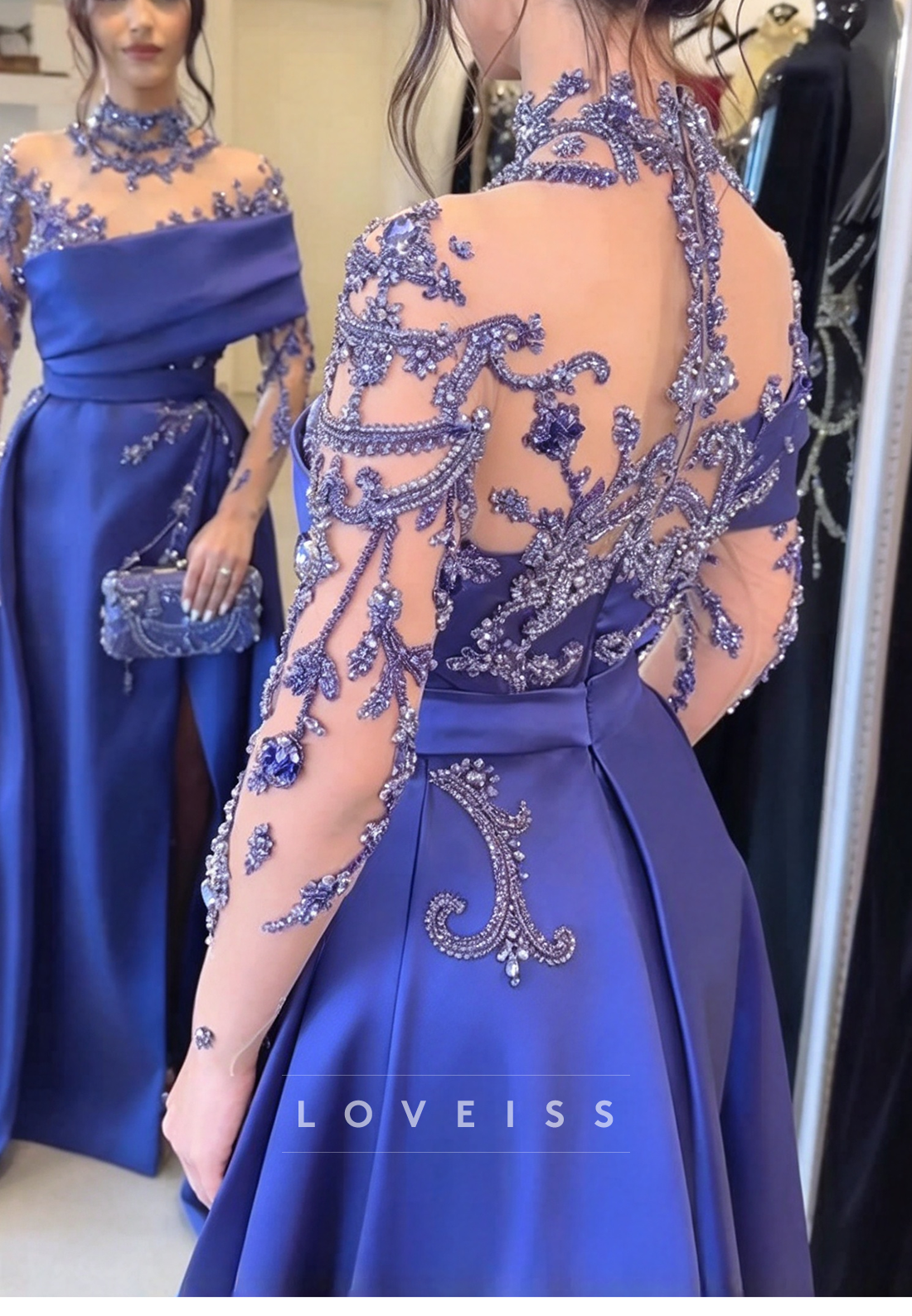 Beaded Draped Gown with High Slit and Overskirt