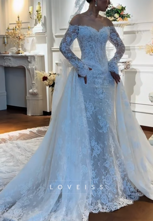 Off-Shoulder Lace Mermaid Gown with Detachable Overskirt