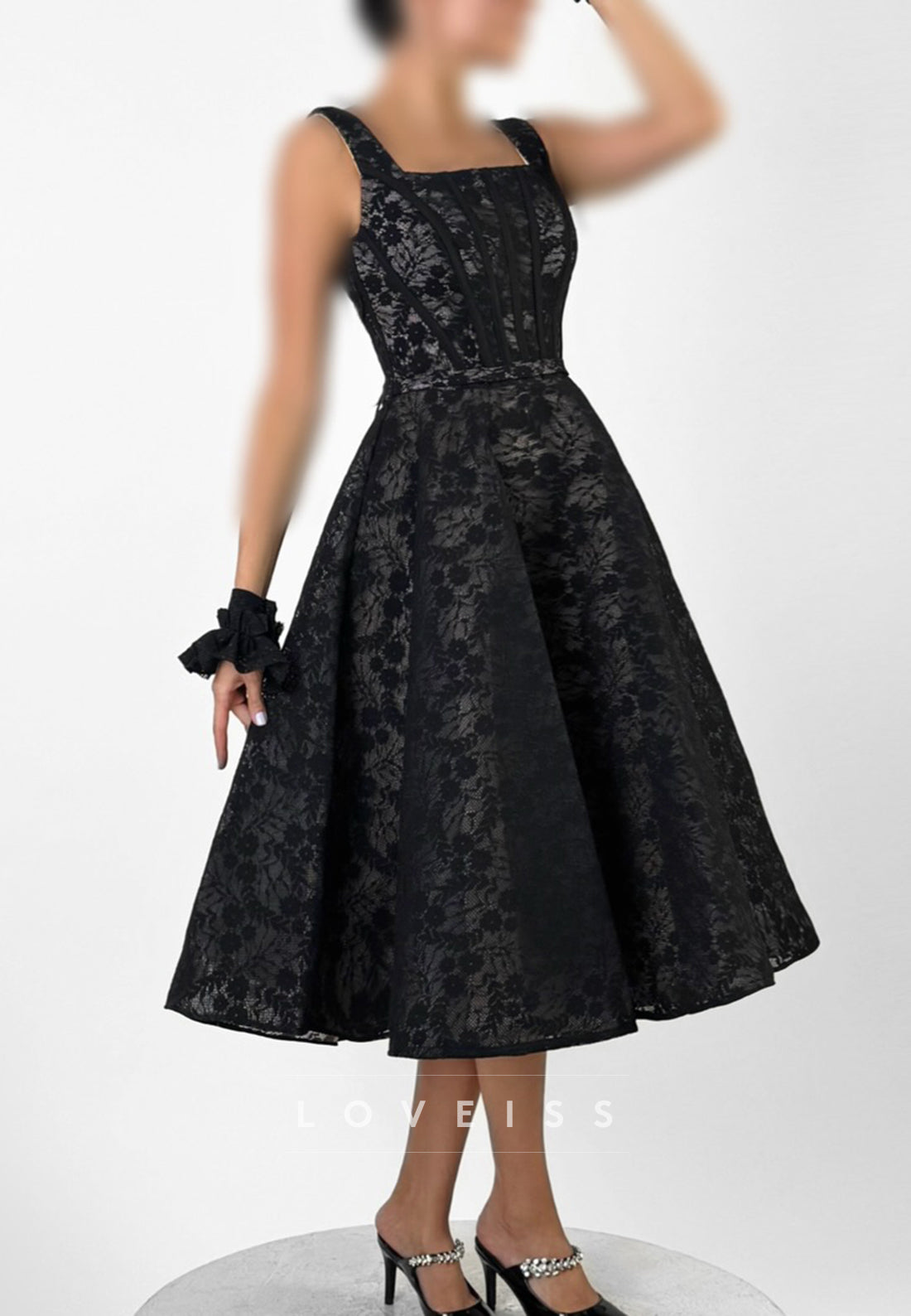 Square Neck Corset Lace Midi A-Line Dress