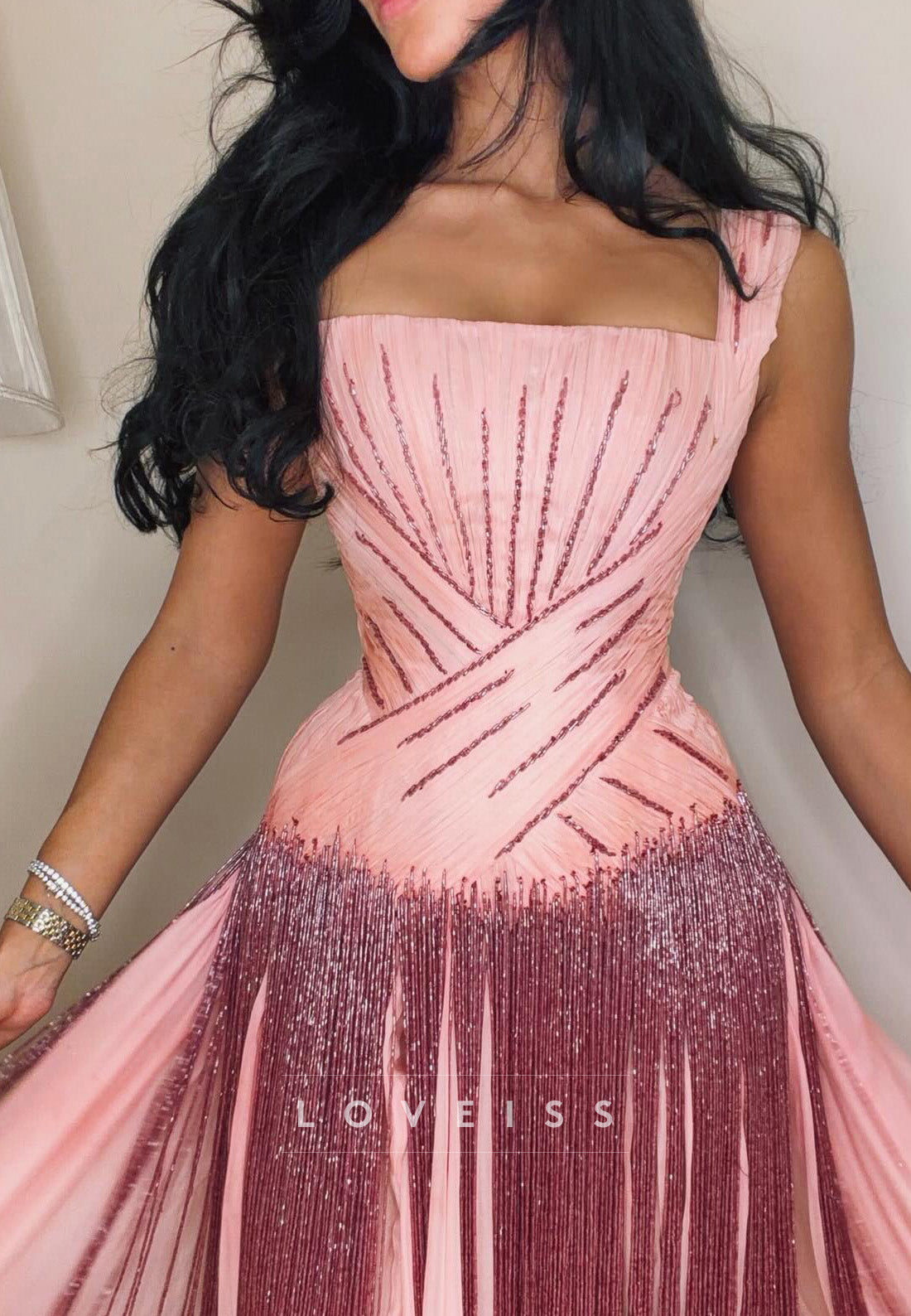 Pleated Bodice Gown with Beaded Fringe Skirt