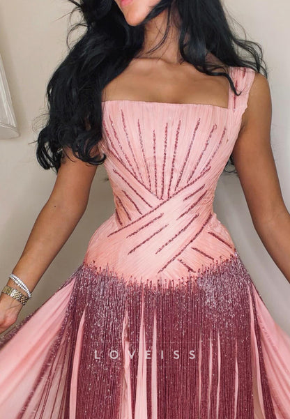 Pleated Bodice Gown with Beaded Fringe Skirt