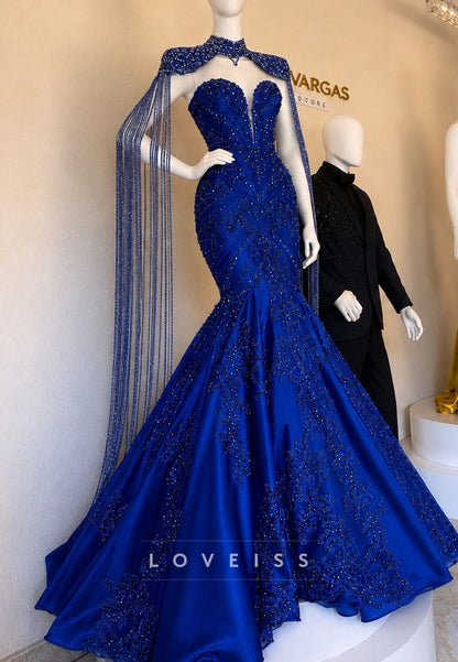 Beaded Mermaid Gown with Fringe Capelet