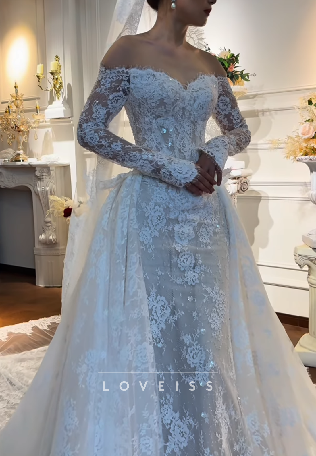 Off-Shoulder Lace Mermaid Gown with Detachable Overskirt