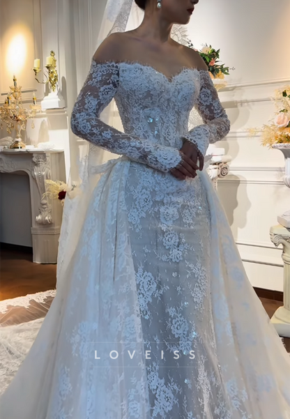 Off-Shoulder Lace Mermaid Gown with Detachable Overskirt
