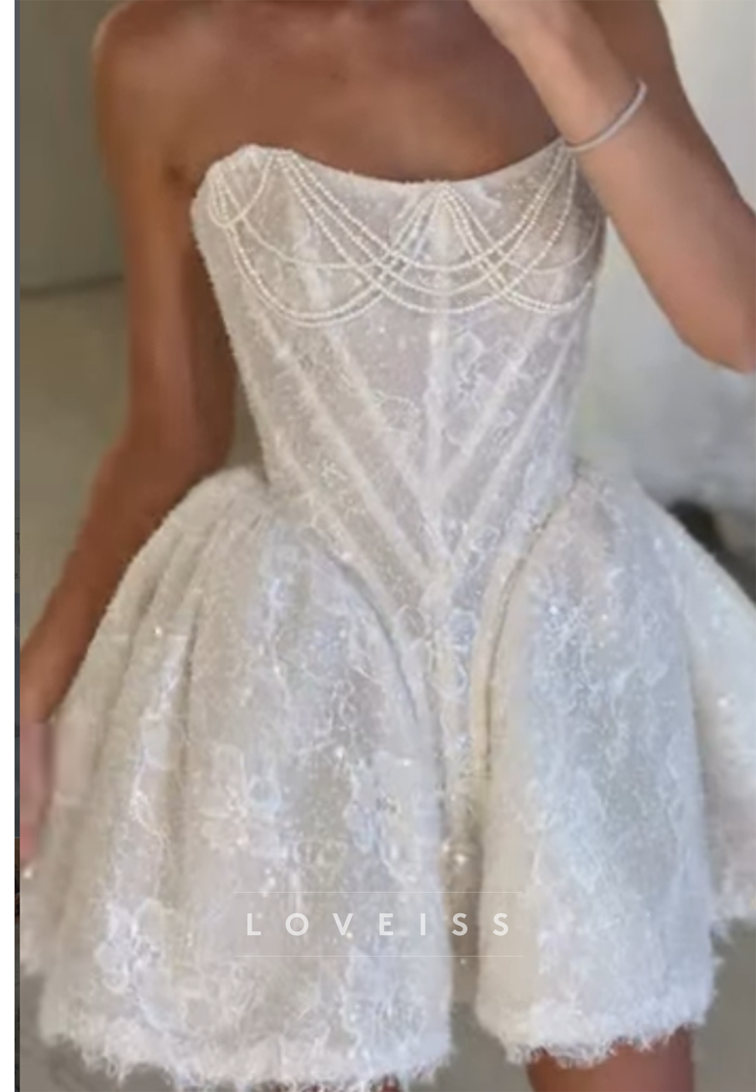 Strapless Corset Lace Mini Dress with Pearls