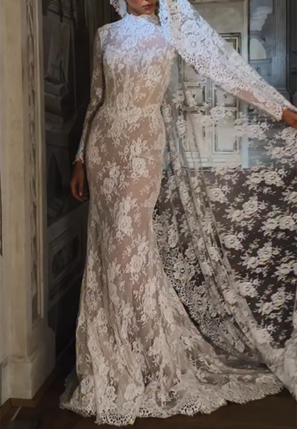 High Neck Lace Long Sleeve Wedding Dress
