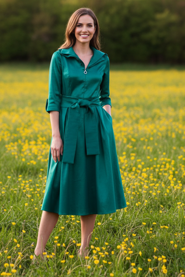 Collared A-Line Midi Dress with Tie Belt & Pockets