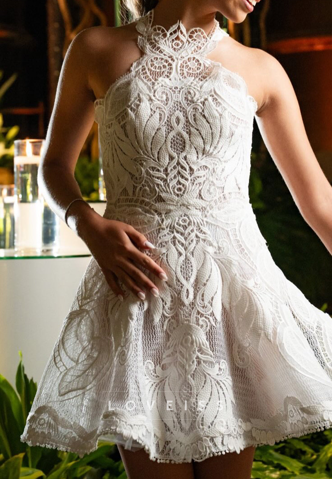 Halter Lace Fit and Flare Mini Wedding Dress