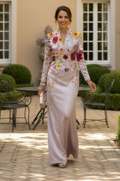 Floral Embroidered Long Sleeve Sheath Evening Gown