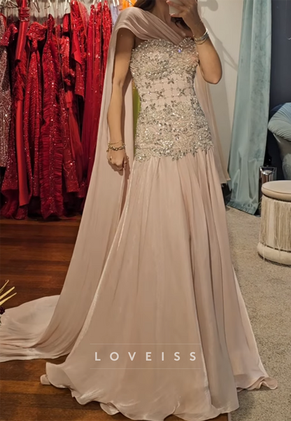 Beaded Bodice Cape Gown with Flowing Skirt