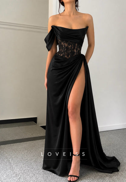Off-the-Shoulder Satin Corset Maxi Dress with High Slit
