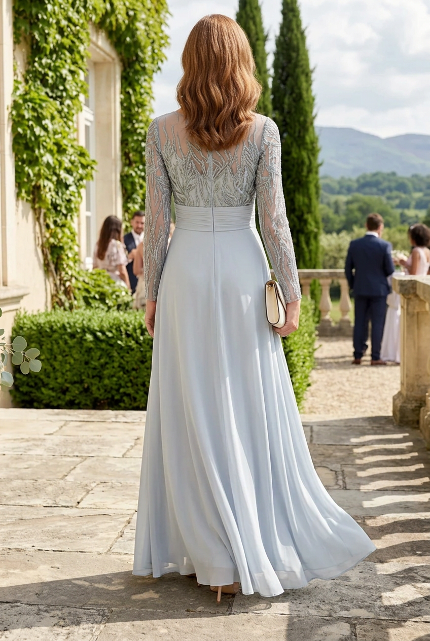 Embroidered Long Sleeve A-Line Evening Gown