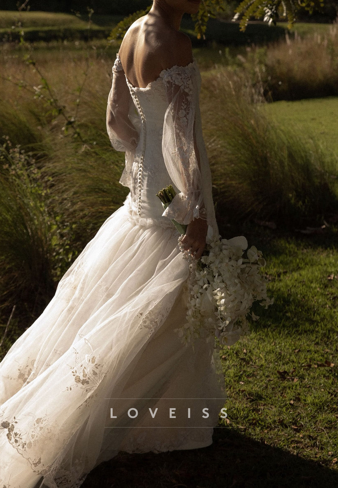 Off-the-Shoulder Lace Drop-Waist Wedding Dress