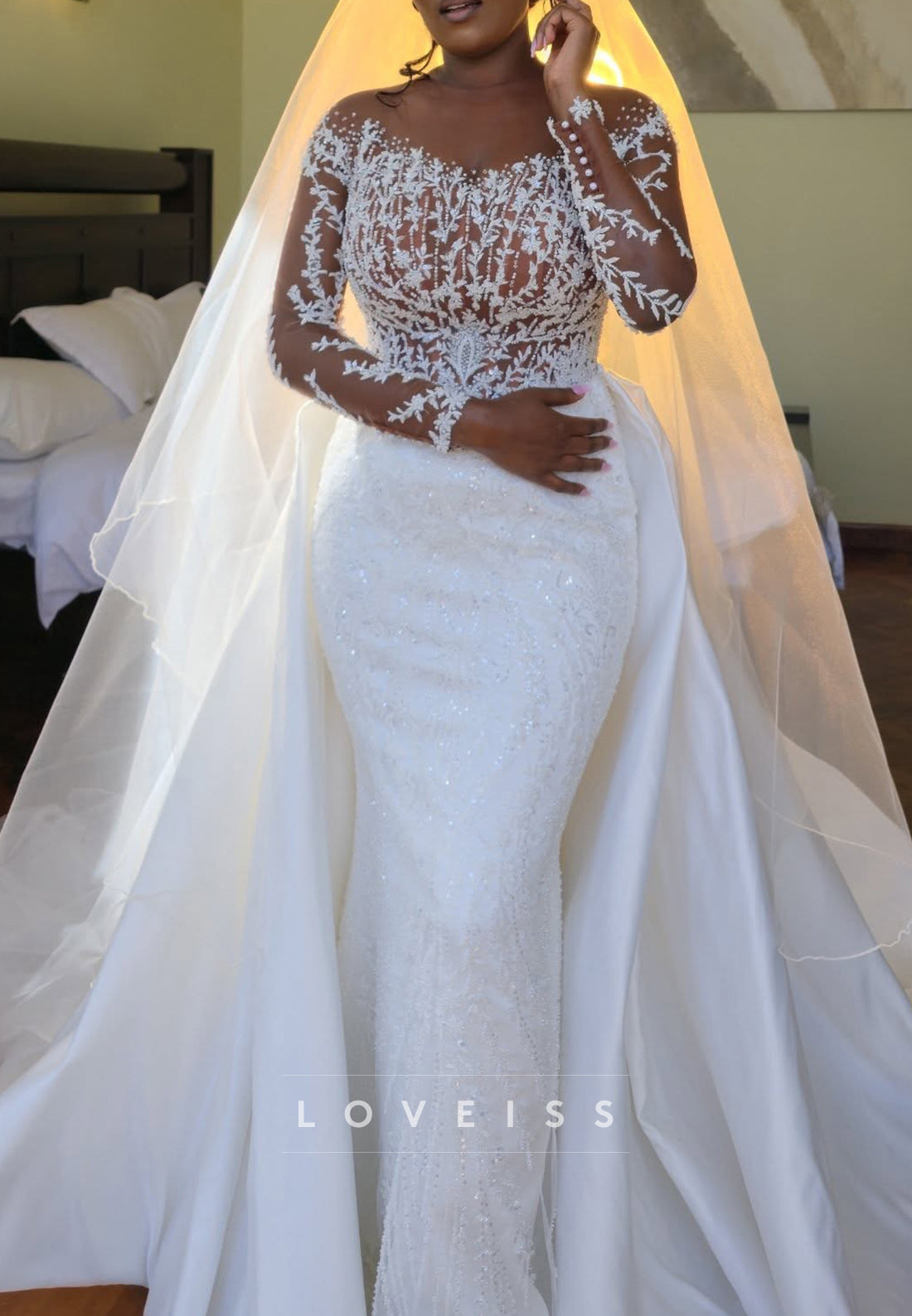 Beaded Illusion Mermaid Wedding Dress with Train
