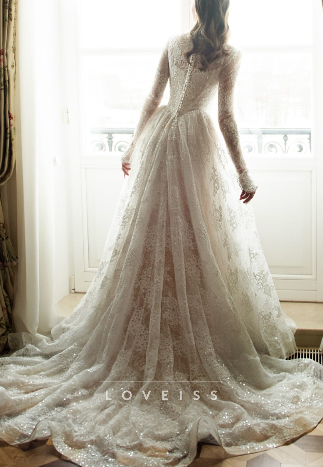 Long Sleeve Lace A-Line Wedding Gown with Train