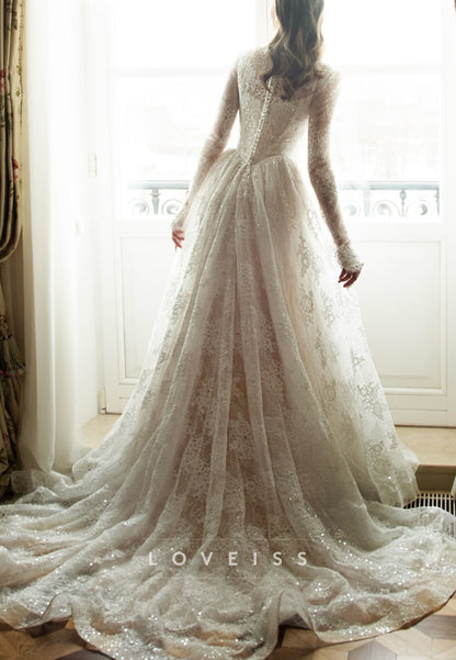 Long Sleeve Lace A-Line Wedding Gown with Train