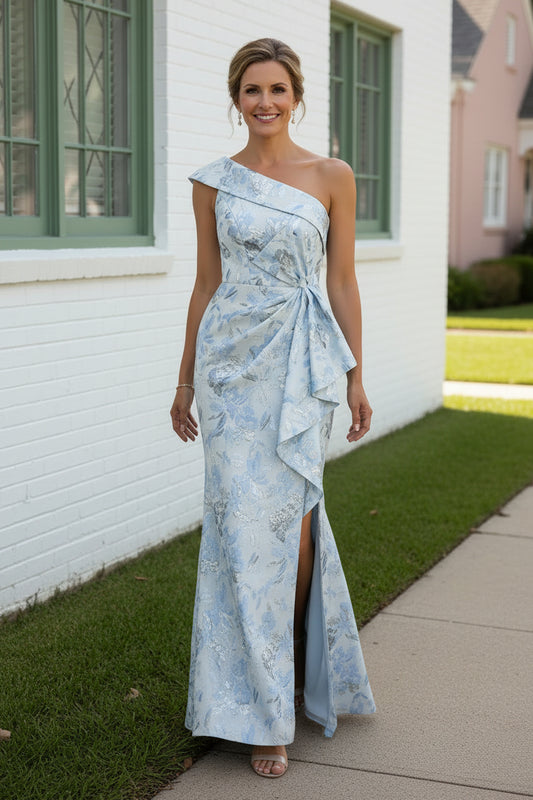 One-Shoulder Metallic Jacquard Mermaid Evening Gown