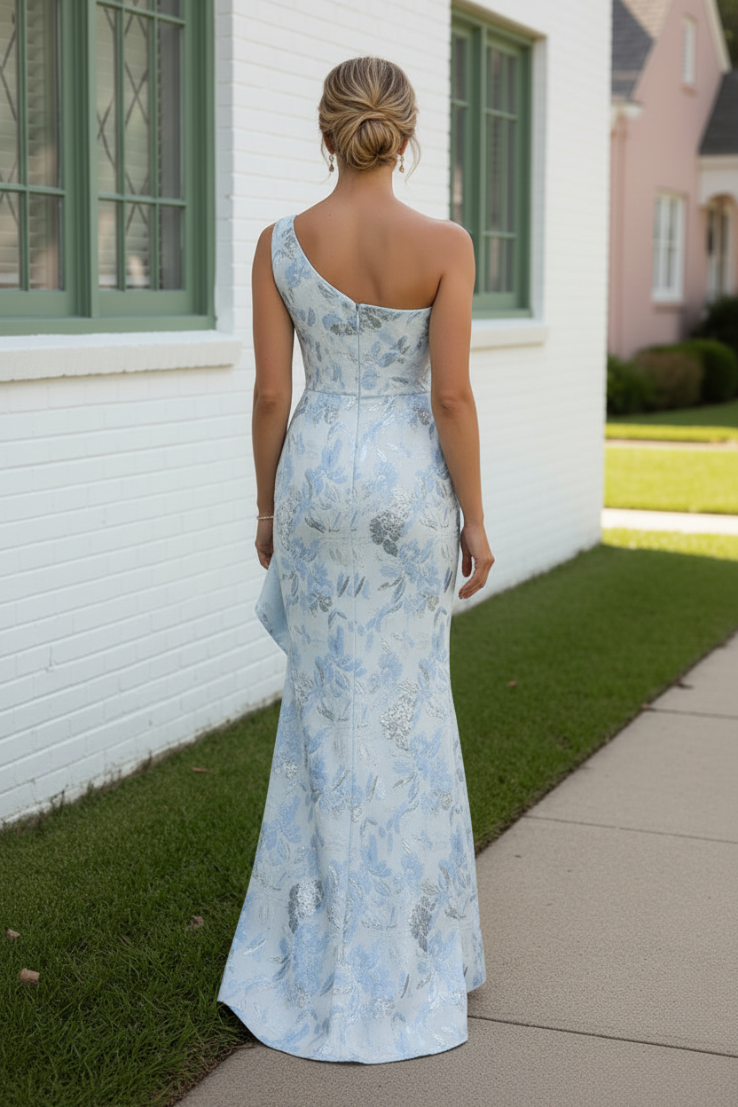 One-Shoulder Metallic Jacquard Mermaid Evening Gown