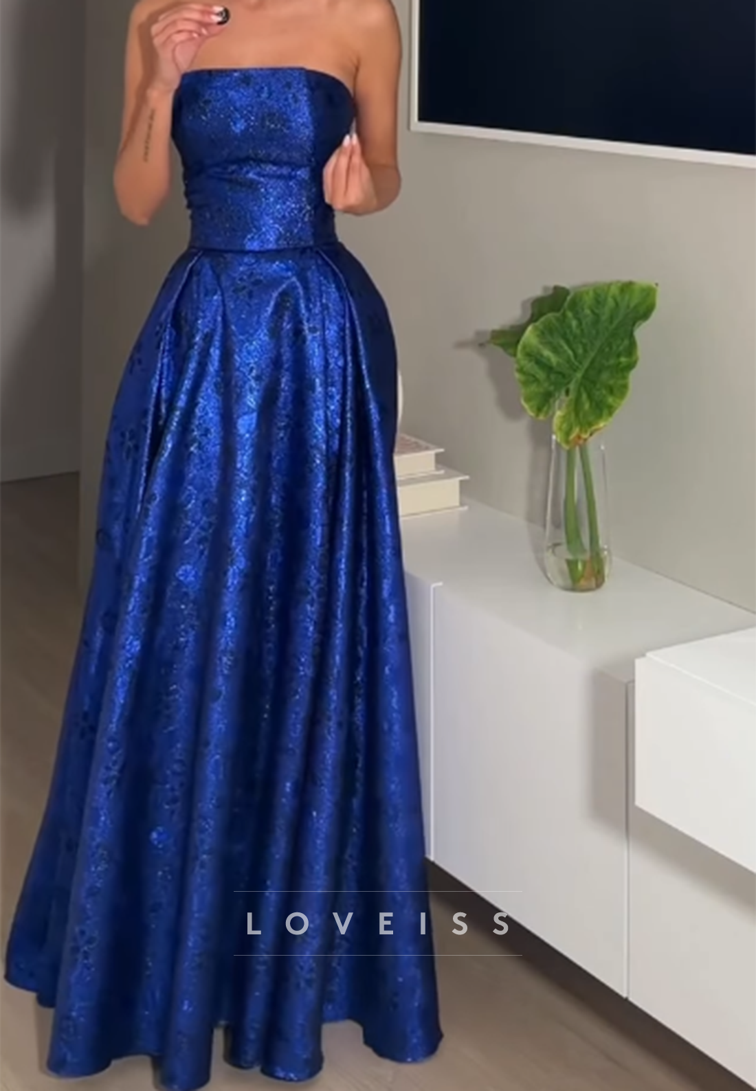 Strapless Jacquard A-Line Evening Gown
