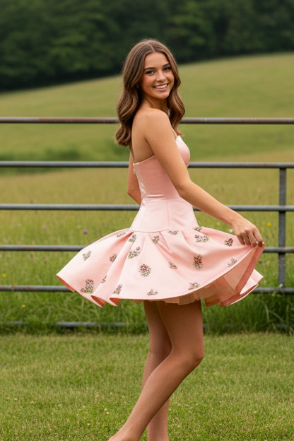 Strapless Satin Pleated Mini Dress with Beaded Florals