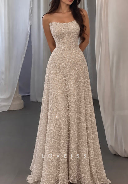 Strapless Pearl-Beaded A-Line Gown