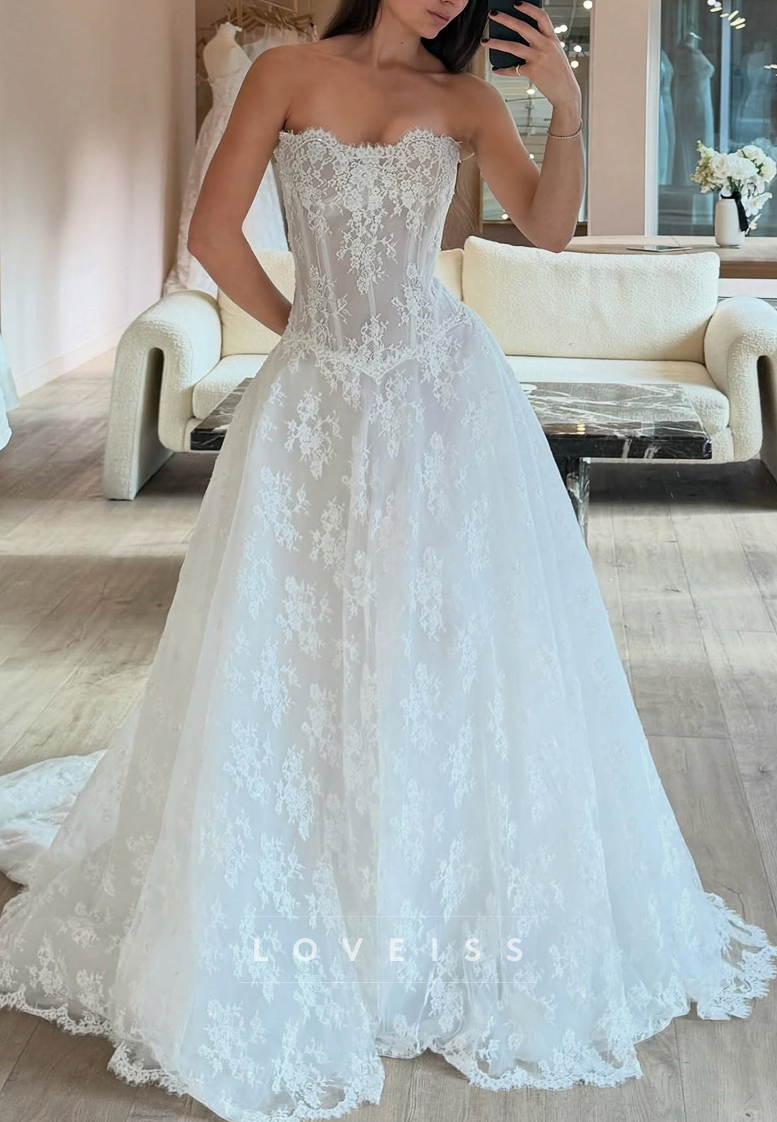 Strapless Lace A-Line Wedding Dress with Corset Bodice