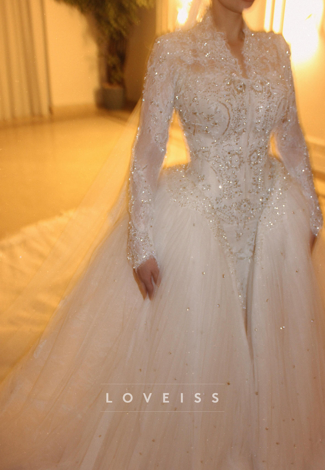 High-Neck Beaded Lace Long-Sleeve Tulle Wedding Gown