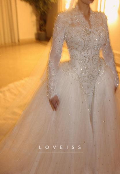High-Neck Beaded Lace Long-Sleeve Tulle Wedding Gown