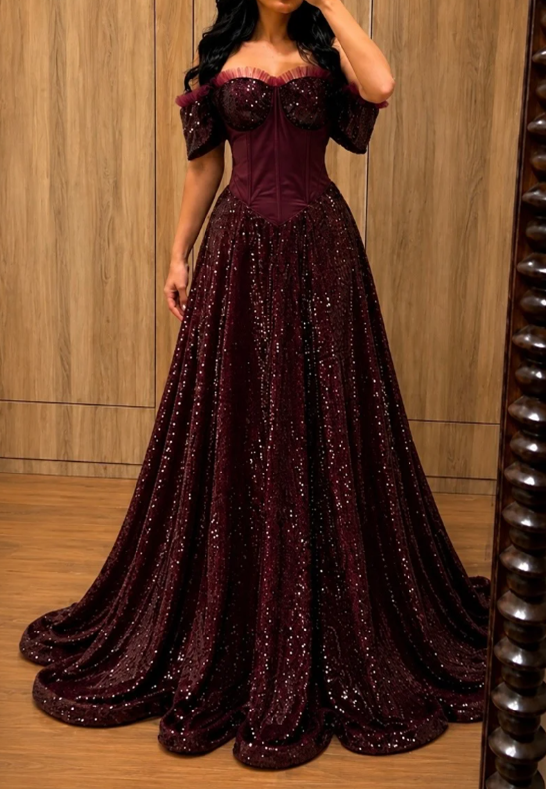 Sequin Corset Ball Gown with Off-Shoulder Sleeves