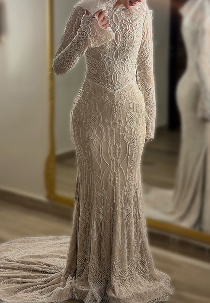Beaded Lace Long Sleeve Mermaid Wedding Gown