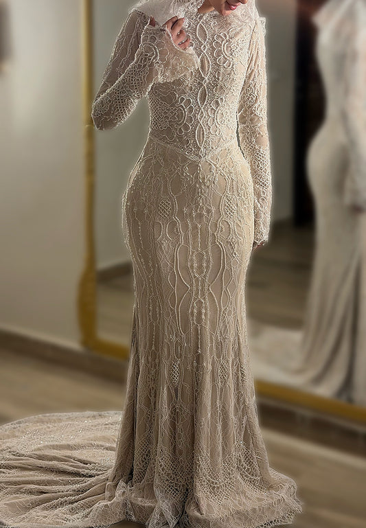 Beaded Lace Long Sleeve Mermaid Wedding Gown