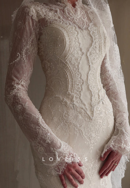 Long-Sleeve Pearl Lace High-Neck A-Line Wedding Dress