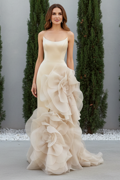 Strapless Satin Gown with 3D Floral Ruffle Cascade