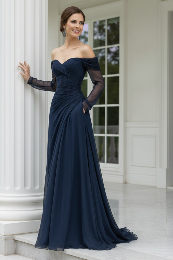 Off-the-Shoulder Long Sleeve A-Line Evening Gown