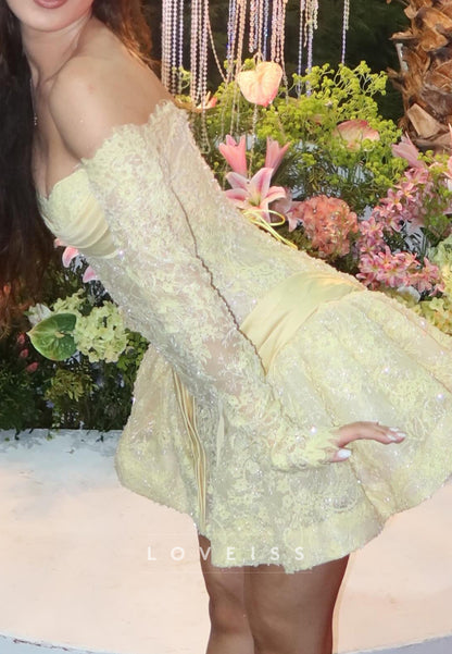 Off-the-Shoulder Lace Mini Dress with Bubble Skirt
