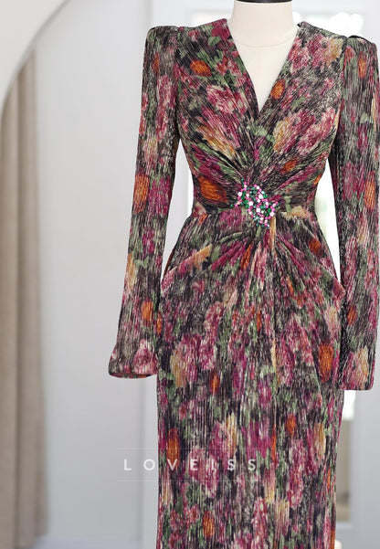 Floral Print Pleated Gown with Crystal Brooch