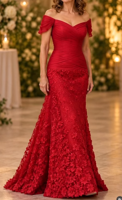 Off-the-Shoulder 3D Floral Mermaid Gown