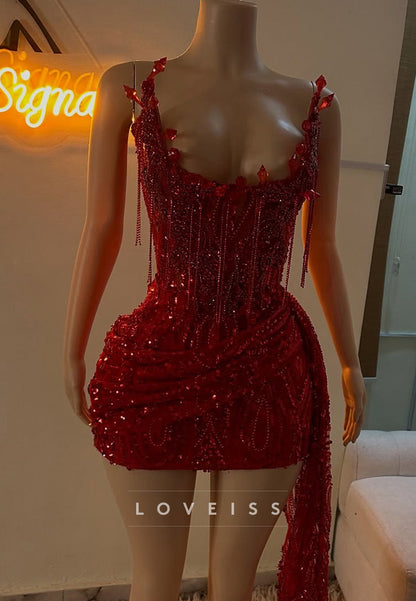 Asymmetrical Beaded Corset Evening Mini Dress