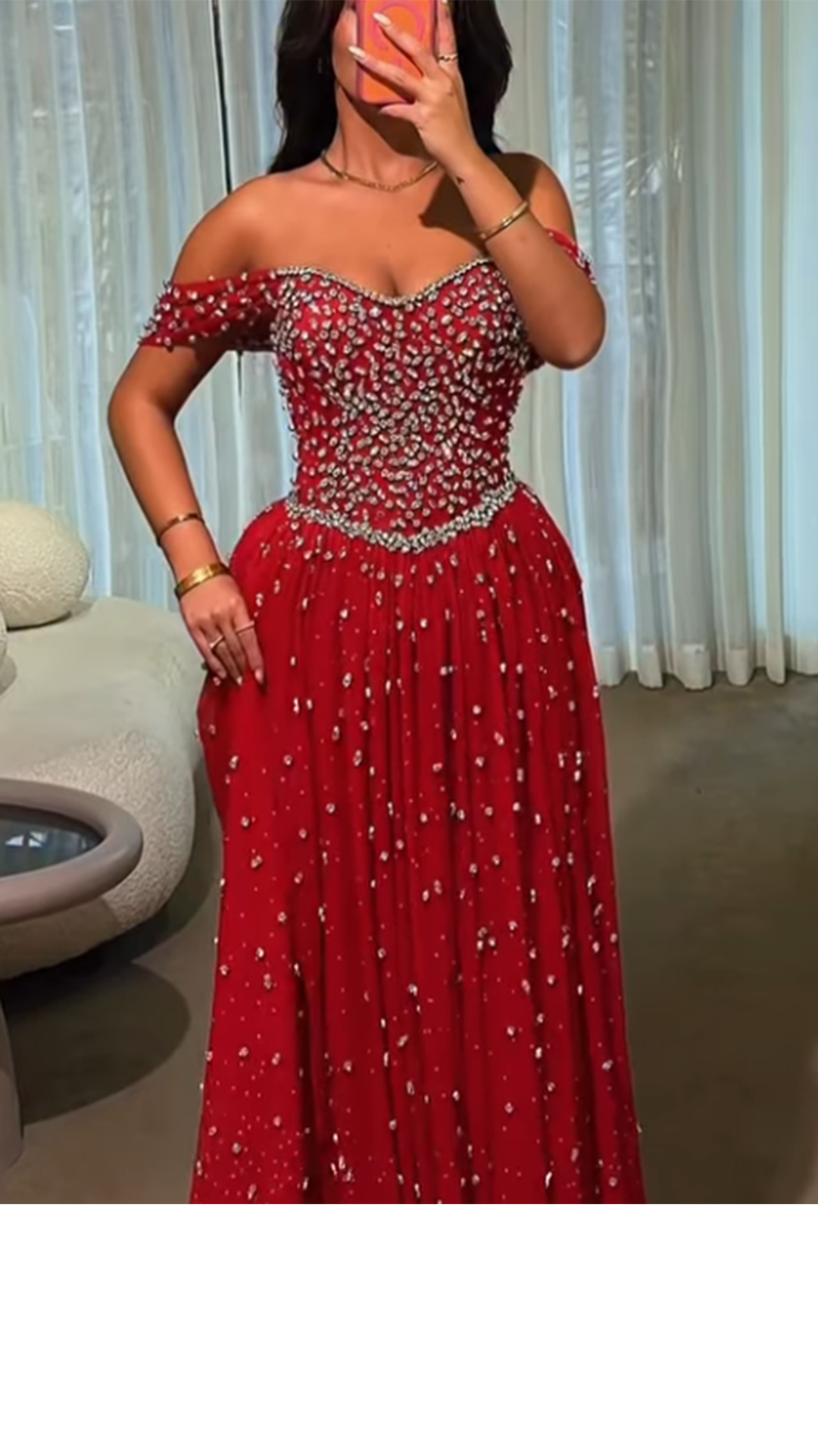 Beaded Off-the-Shoulder Floor-Length Ball Gown