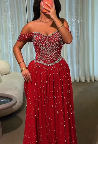 Beaded Off-the-Shoulder Floor-Length Ball Gown